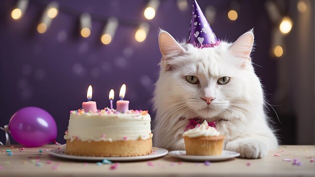 Un gatto bianco che indossa un cappello da festa viola è seduto di fronte a una torta di compleanno purpurea con un