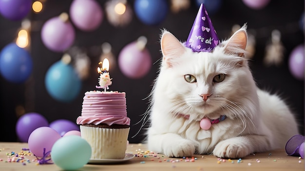 Un gatto bianco che indossa un cappello da festa viola è seduto di fronte a una torta di compleanno purpurea con un