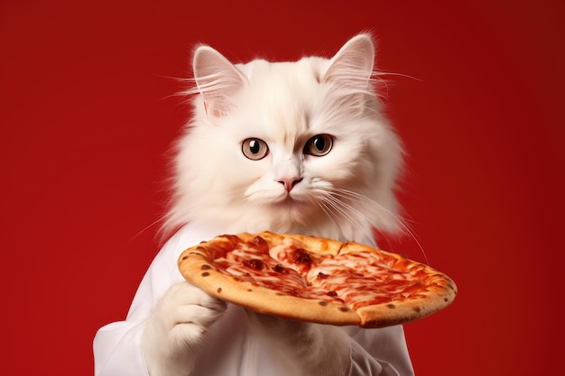 Un gatto bianco che tiene una pizza su uno sfondo rosso Collage di arte contemporanea