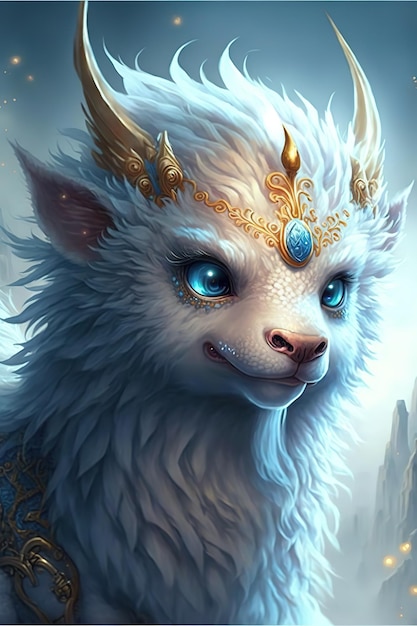 Un gatto bianco con gli occhi azzurri e una corona d'oro con un occhio azzurro.