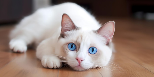 Un gatto bianco con gli occhi azzurri giace su un pavimento di legno.