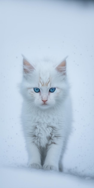 Un gatto bianco con gli occhi azzurri si trova nella neve.