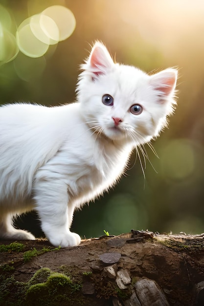Un gatto bianco con gli occhi azzurri si trova su un ceppo di albero.
