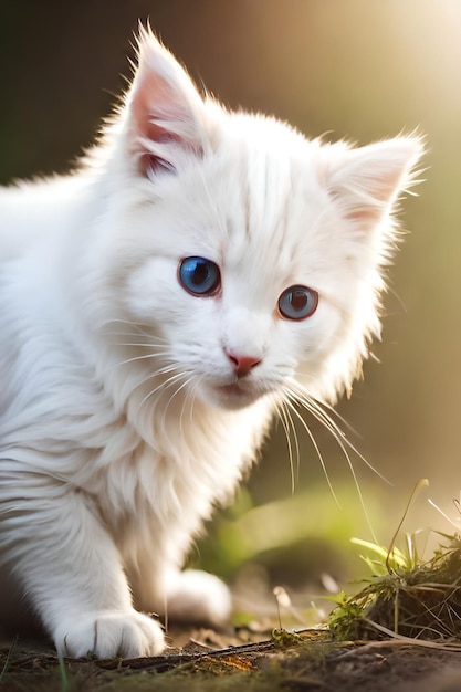 Un gatto bianco con gli occhi azzurri si trova su un ceppo di albero