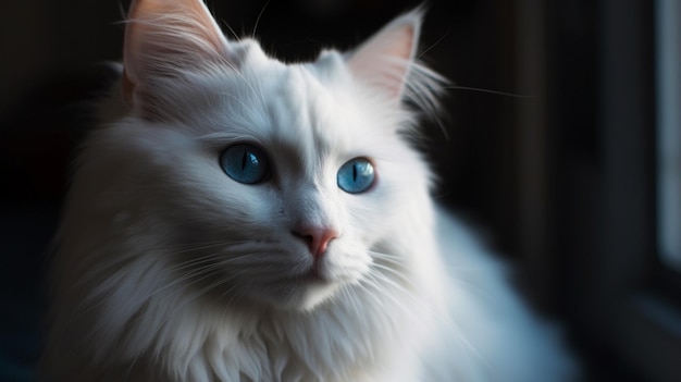 Un gatto bianco con gli occhi azzurri siede davanti a una finestra.