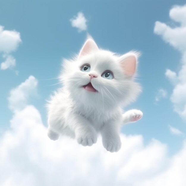 Un gatto bianco con gli occhi blu e lo sfondo del cielo blu