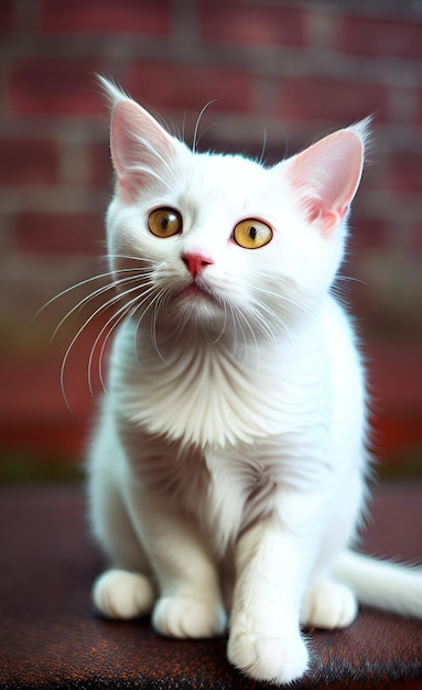 Un gatto bianco con gli occhi gialli è seduto su un tavolo.