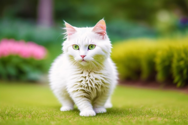 Un gatto bianco con gli occhi verdi cammina sull'erba.