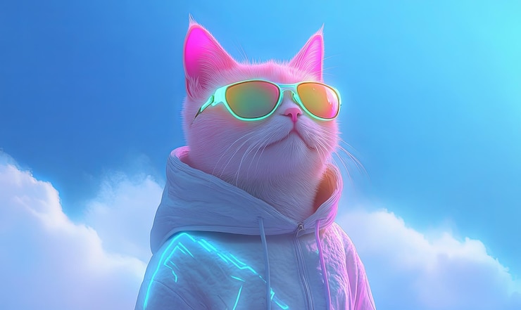 Foto un gatto bianco con occhiali da sole al neon e un cappuccio sembra elegante contro un cielo blu brillante