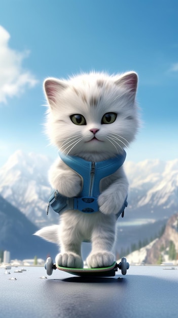 Un gatto bianco con un giubbotto blu e la scritta "gatto".