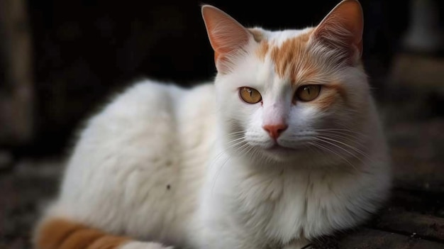 Un gatto bianco con una coda rossa siede su una sporgenza.