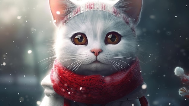 Un gatto bianco con una sciarpa rossa e una sciarpa rossa