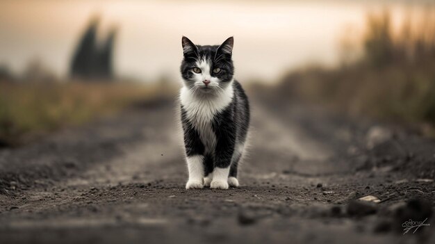 un gatto bianco e nero è in piedi nella terra.