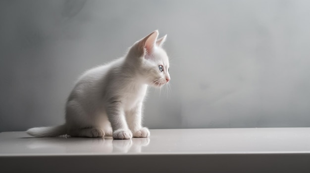 Un gatto bianco è seduto su un tavolo e guarda fuori dalla finestra.