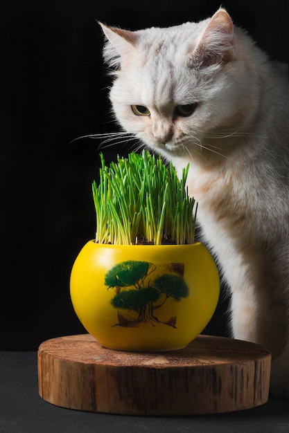 Un gatto bianco guarda l'erba verde in un vaso giallo