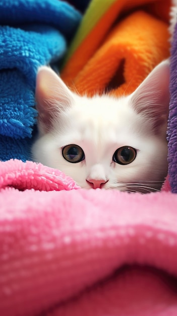 Un gatto bianco in una coperta rosa