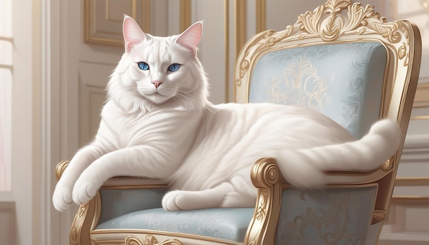 Un gatto bianco riposato su una sedia maestosa