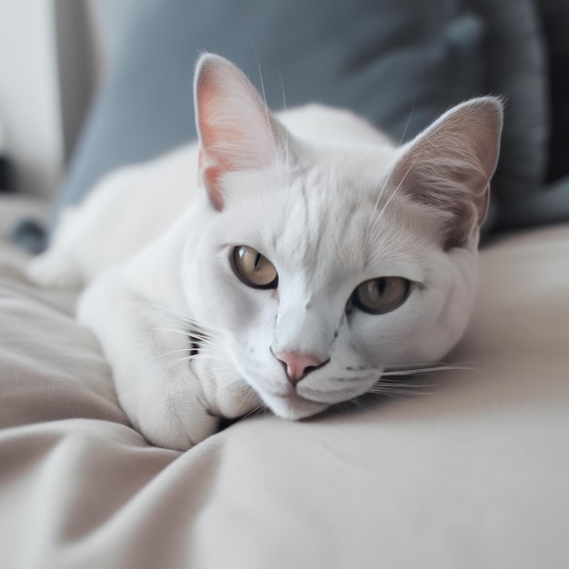 Un gatto bianco sdraiato sopra un letto