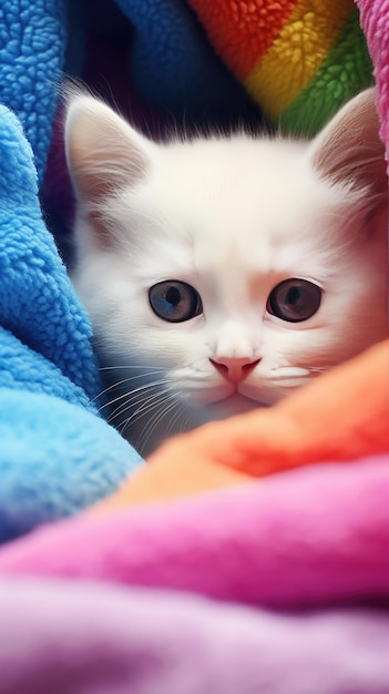 Un gatto bianco si nasconde in una coperta blu.