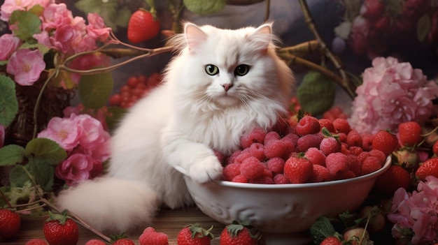 Un gatto bianco siede in una ciotola di lamponi.