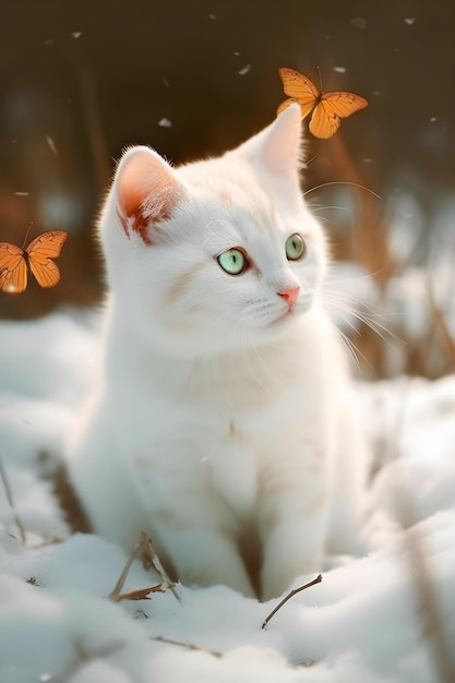 Un gatto bianco siede sulla neve con le farfalle a terra.