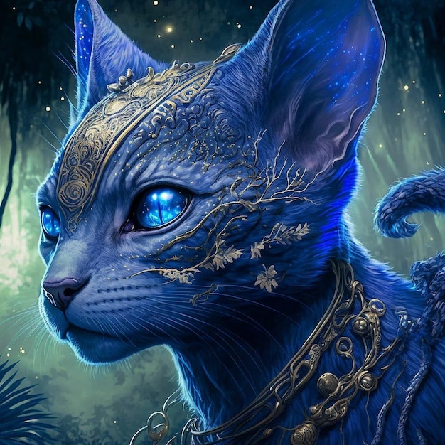 Un gatto blu con gli occhi azzurri si trova in una foresta.