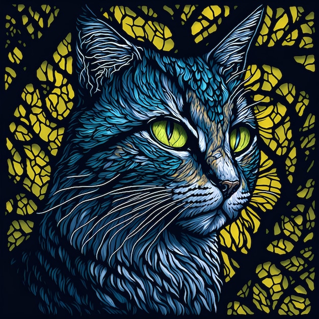 Un gatto blu con gli occhi gialli è mostrato in un'illustrazione nera e gialla.