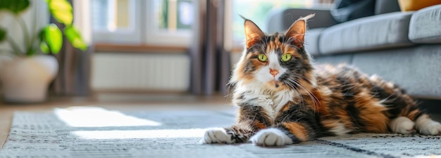 Un gatto calico soffice con gli occhi verdi si siede sul pavimento