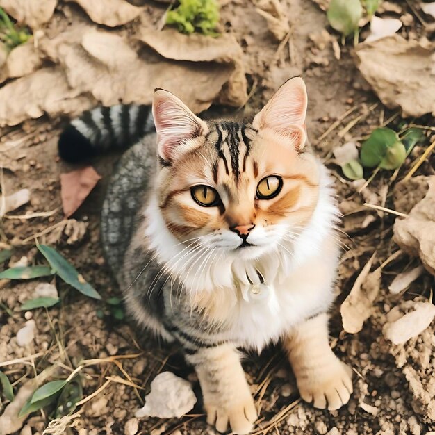 Un gatto carino che gioca nel terreno con una sensazione naturale.