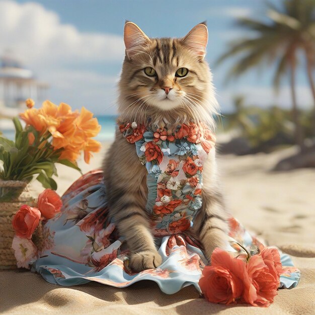 Un gatto carino che indossa un vestito floreale sulla spiaggia