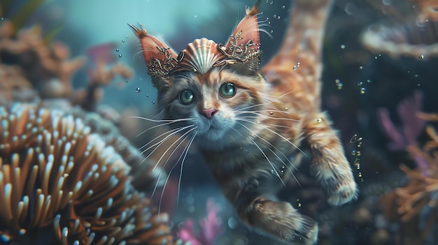 Un gatto carino che indossa una corona di conchiglie sta nuotando sott'acqua Il gatto ha grandi occhi verdi ed è circondato da colorate barriere coralline
