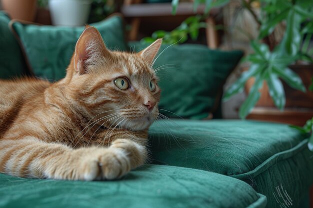 Un gatto carino che si riposa su un divano.