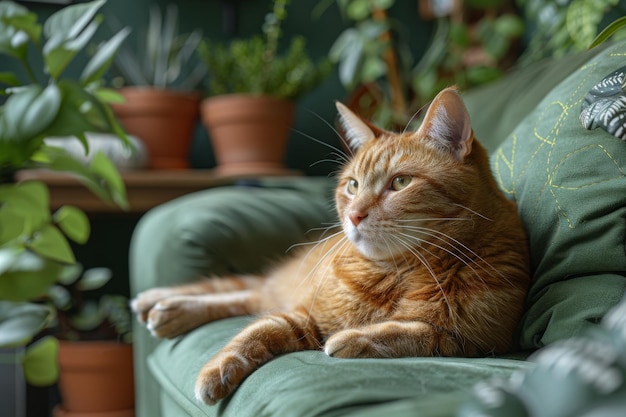 Un gatto carino che si riposa su un divano.