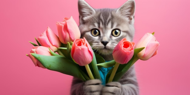 Un gatto carino con un bouquet di tulipani primaverili nelle zampe Un bellissimo biglietto da vacanza