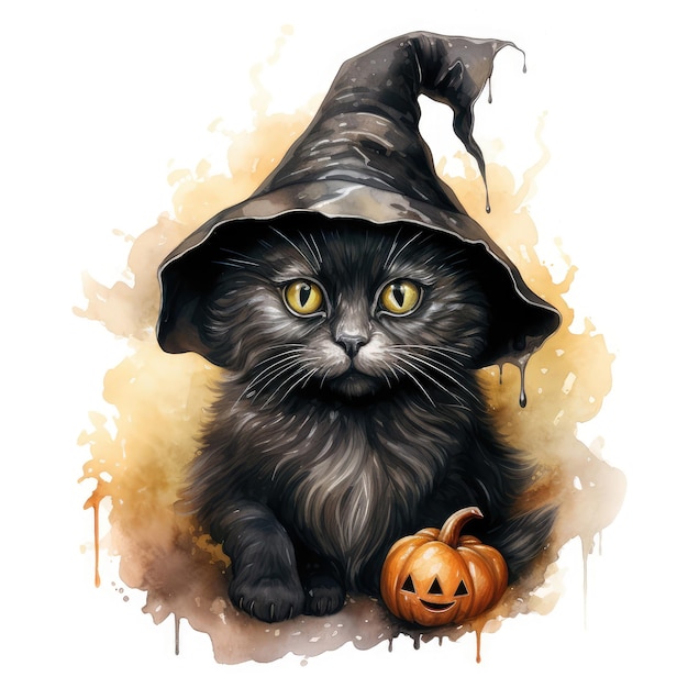 Un gatto carino con un cappello da strega con un'illustrazione ad acquerello di zucca