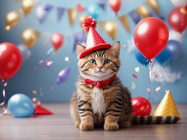 un gatto carino con un cappello rosso e palloncini di compleanno sullo sfondo