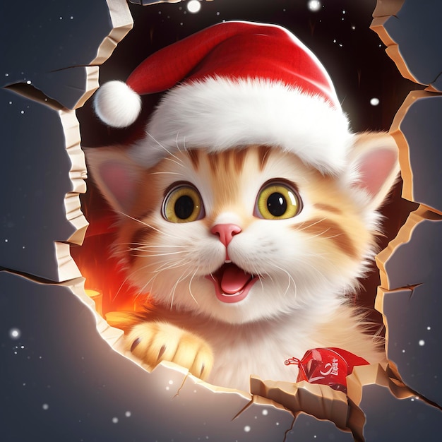 Un gatto carino con un cappello rosso guarda attraverso un buco di carta tema natalizio atmosfera festiva in stile daz3d