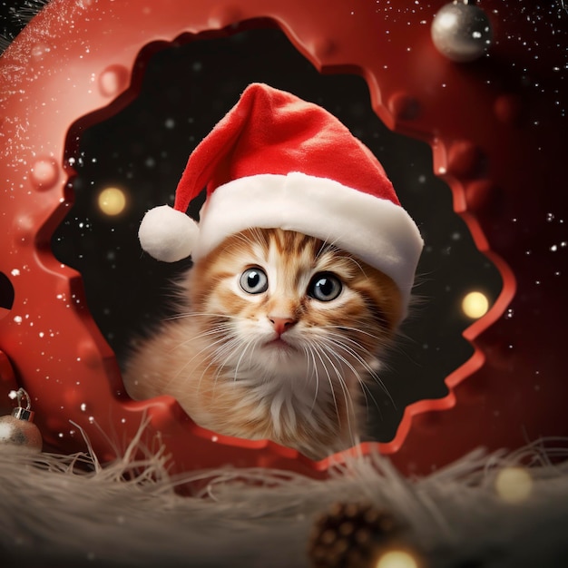 Un gatto carino con un cappello rosso guarda attraverso un buco di carta tema natalizio atmosfera festiva in stile daz3d