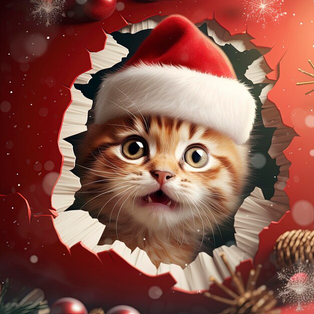 Un gatto carino con un cappello rosso guarda attraverso un buco di carta tema natalizio atmosfera festiva in stile daz3d