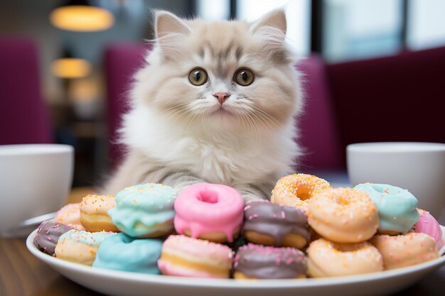 Un gatto carino con una ciambella.