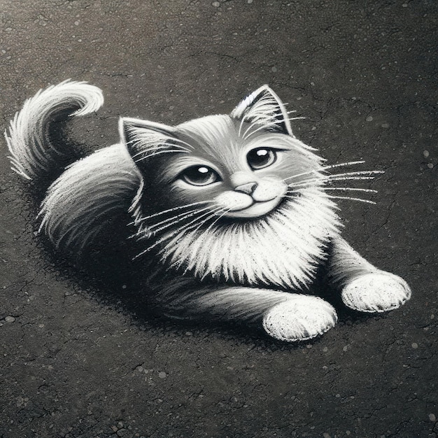 Un gatto carino disegnato sull'asfalto