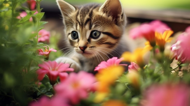 Un gatto carino e dei fiori.