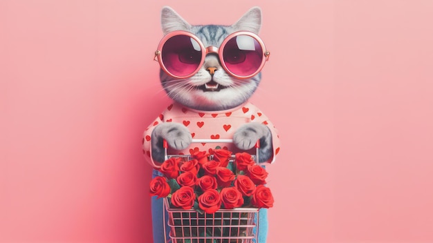 Un gatto carino e divertente che tiene un carrello della spesa con una rosa dentro il concetto del giorno di San Valentino