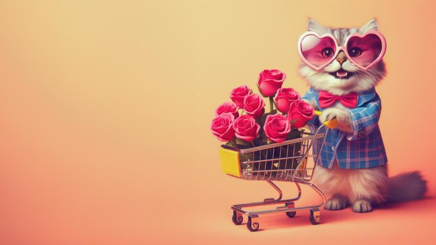 Un gatto carino e divertente che tiene un carrello della spesa con una rosa dentro il concetto del giorno di San Valentino