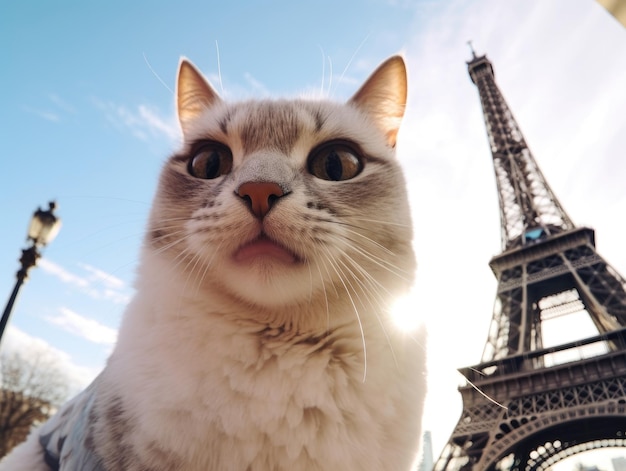 Un gatto carino e felice sorride mentre si fa un selfie davanti alla Torre Eiffel
