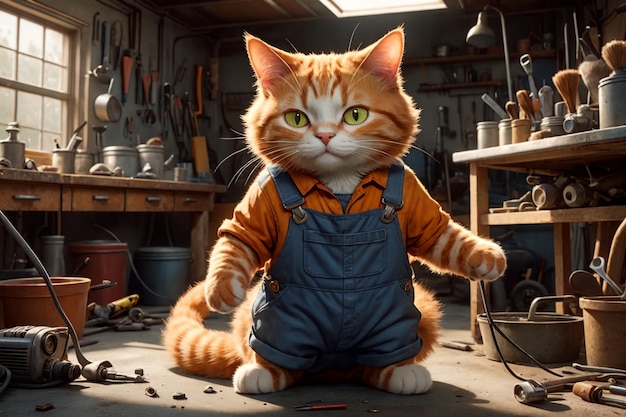 Un gatto carino e laborioso lavora nella sua officina di riparazione auto.