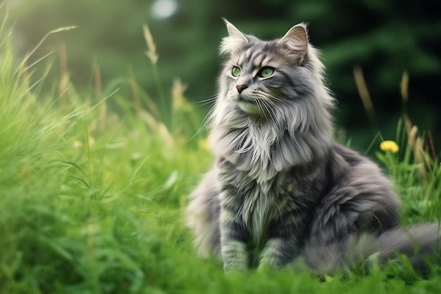 Un gatto carino guarda da un lato e si siede in giardino o nell'erba Un gatto nell'habitat naturale Il concetto del giorno del gatto