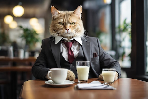 Un gatto carino in abito e cravatta si siede a un tavolo in un caffè con un bicchiere di latte