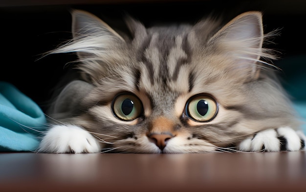 Un gatto carino sbircia da sotto il tavolo.