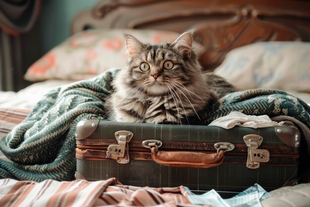 Un gatto carino seduto in una valigia con i vestiti sul letto nella stanza.